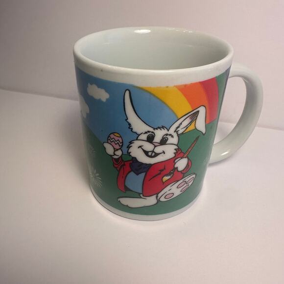 Vtg Bee International Easter Bunny Painting Egg Rainbow Coffee Mug Whimsy READ - Picture 3 of 12